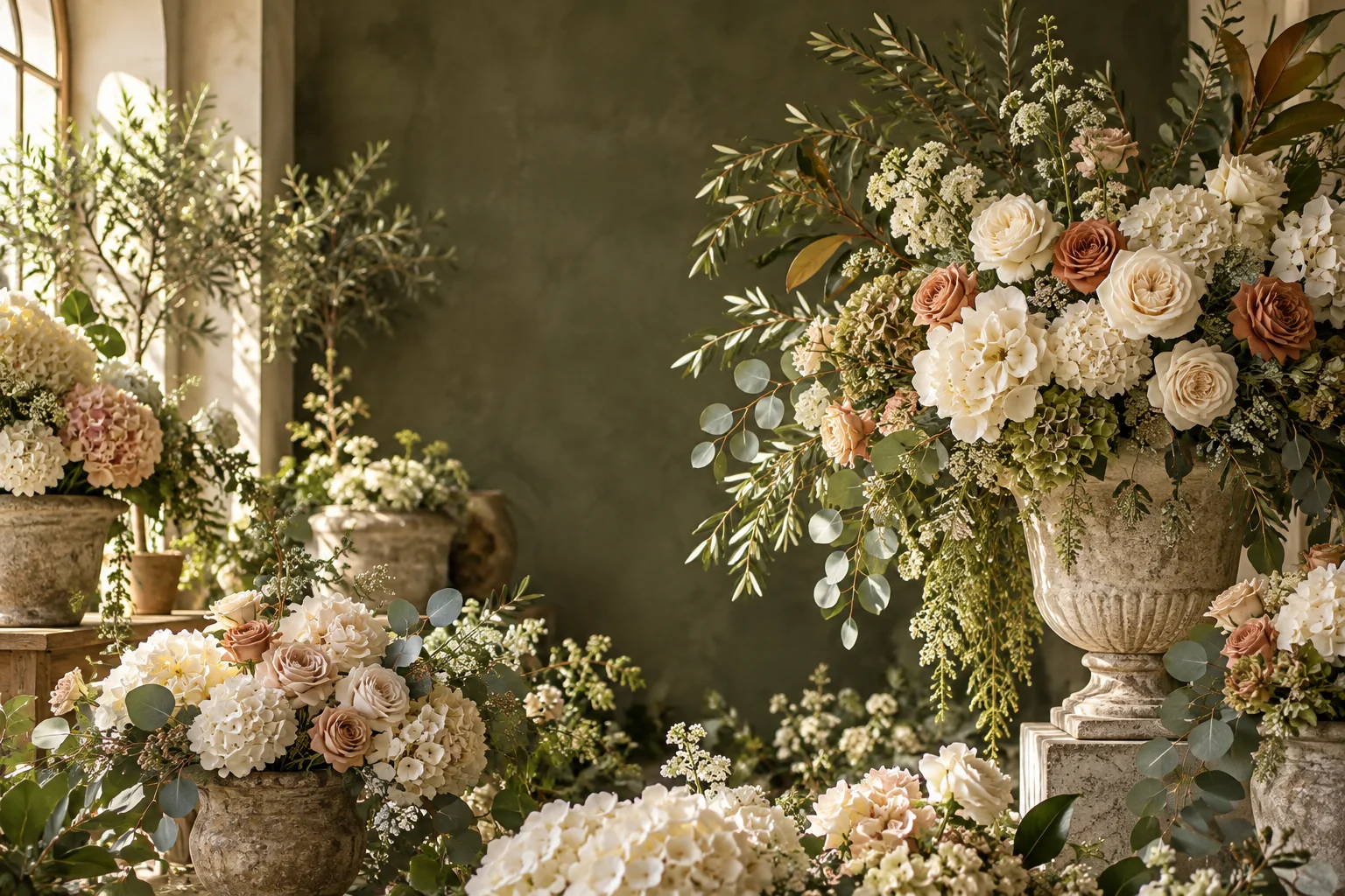 Ivory roses and hydrangeas with eucalyptus in stone vessels