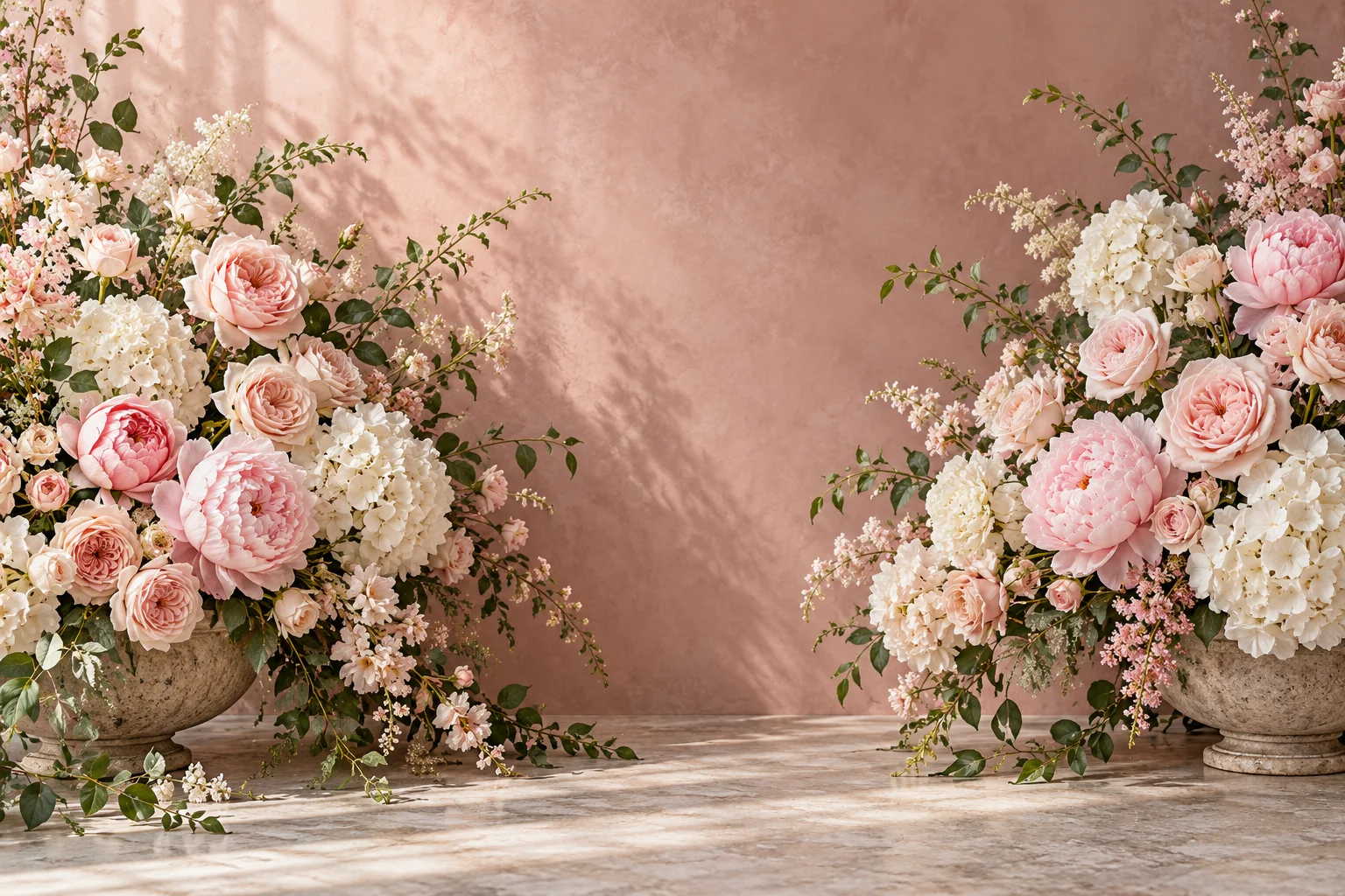 Blush roses and peonies in an elegant floral studio