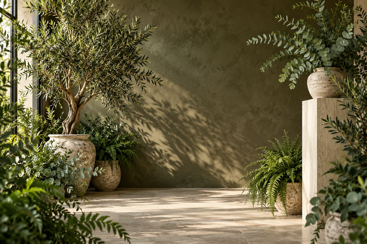 Olive trees and eucalyptus styled in a contemporary interior